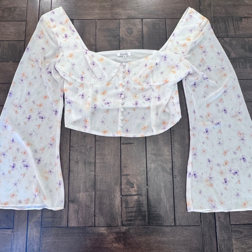 Corset Crop Top White Pink Floral Bell Sleeve Fairy Boho Festival Whimsygoth